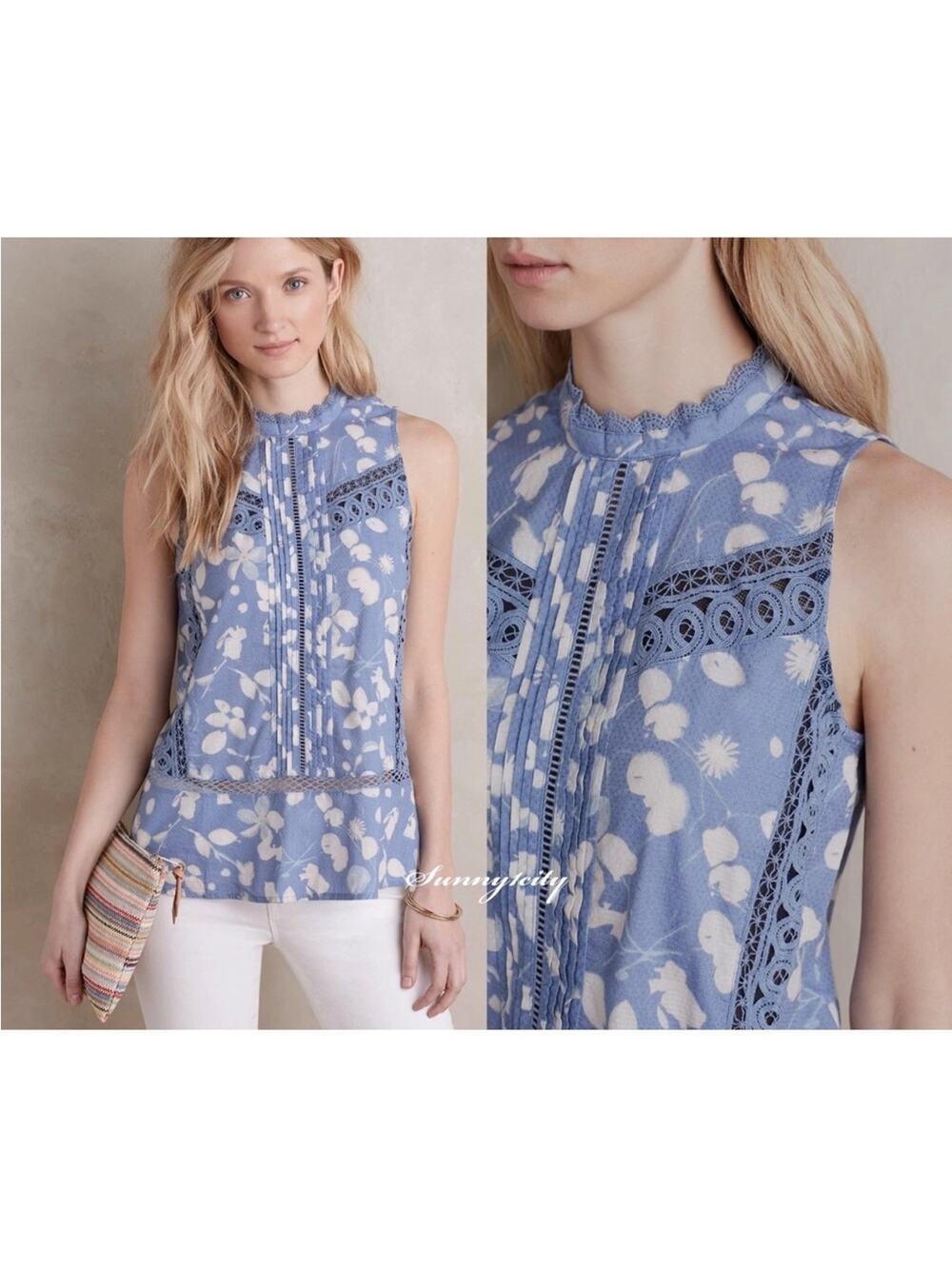 Anthropologie Vanessa Virginia Blue Floral Lace Crochet Top Feminine Boho Summer